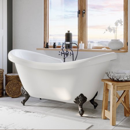 CAMBRIDGE PLUMBING Acrylic Double Slipper Bathtub with deck mount faucet holes and Oil Rubbed Bronze Feet ADES-DH-ORB